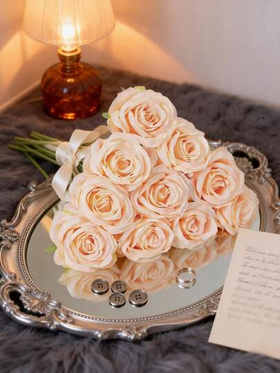 6pcs Artificial Rose Bouquet, Fake Rose Flowers, Valentine's Day Simulation Rose, Champagne Valentine's Day Wedding Decor, Long Stem Artificial Rose Bouquet, Suitable For Home Wedding Party Decoration, Artificial Plants, Winter Decor, Room Decor, Desk Decor, Garden Decor, Indoor Decoration, Birthday Gift, Indoor And Outdoor Decor, Vase Flower Arrangement, New Year Decor, 2025 New Year, Christmas Decoration