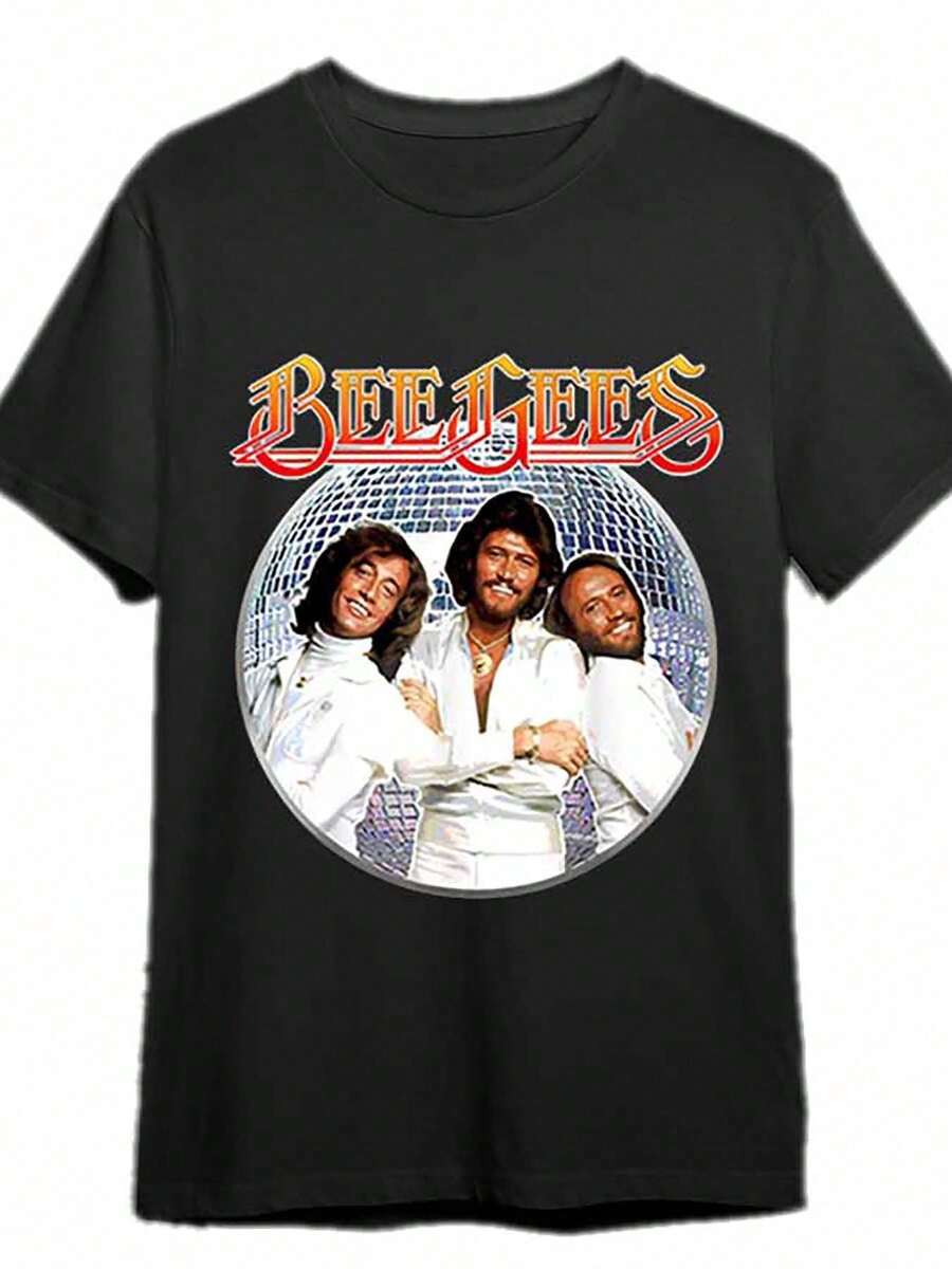 Camiseta gráfica vintage de los Bee Gees para hombres - Camiseta de banda disco retro con letras en negrita y diseño de bola disco, camiseta de manga corta suave y transpirable, ajuste regular, top casual de verano, lavable a máquina, camiseta disco, ropa de fácil cuidado - Negro - Ver 1