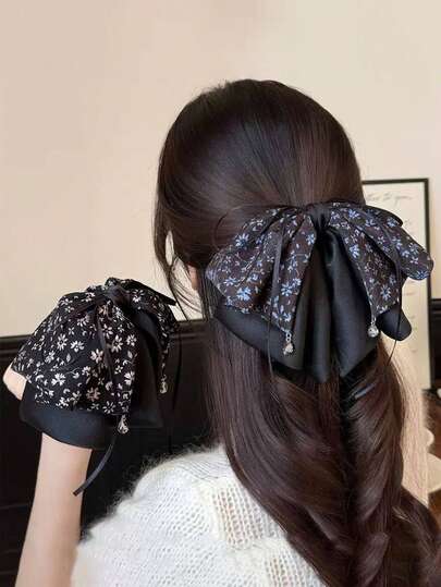 碎花涤纶面料发饰 度假发夹 蝴蝶结发爪夹 优雅发爪