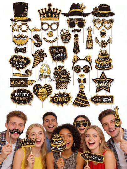 38 Stücke Geburtstags Foto Requisiten Set, Alles Gute zum Geburtstag, Abschlussfeier, Hochzeitsfeier Zubehör, Geburtstags Party Dekoration, 40-50-60 Jahre Geburtstags Foto Requisiten, lustige & süße Feiertags Selfie Accessoires, Valentinstag, Hochzeit, einfarbige Party (Gold und Schwarz)