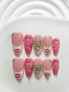 10pcs Romantic Valentine's Day Handmade Nail Art Set, Sexy Lip Nail Decor, Metallic Heart Nail Accessories, White & Pink Gel Nails, French Press-On Nails, Heart Pattern, Ombre Pink, 3 Shapes: Almond, Square, Coffin, Includes Tool Kit, Suitable For Sweet Ladies & Girls, Valentine's Day, Party, Daily Nail Care Nail Supplies Handmade Press On Nails - 彩色 - 查看 13
