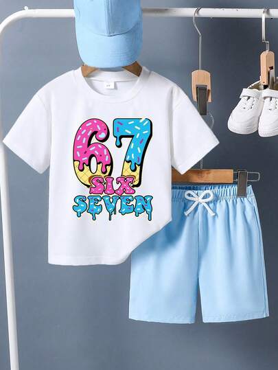 Young Boy Letter & Number Print Short Sleeve T-Shirt And Shorts Set