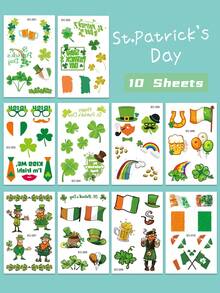 10张圣帕特里克节幸运三叶草纹身贴纸，圣帕特里克节派对装饰礼品，三叶草幸运三叶草气球帽彩虹图案贴纸，非常适合节日派对夜店庆祝活动 - 綠色 - 查看 12