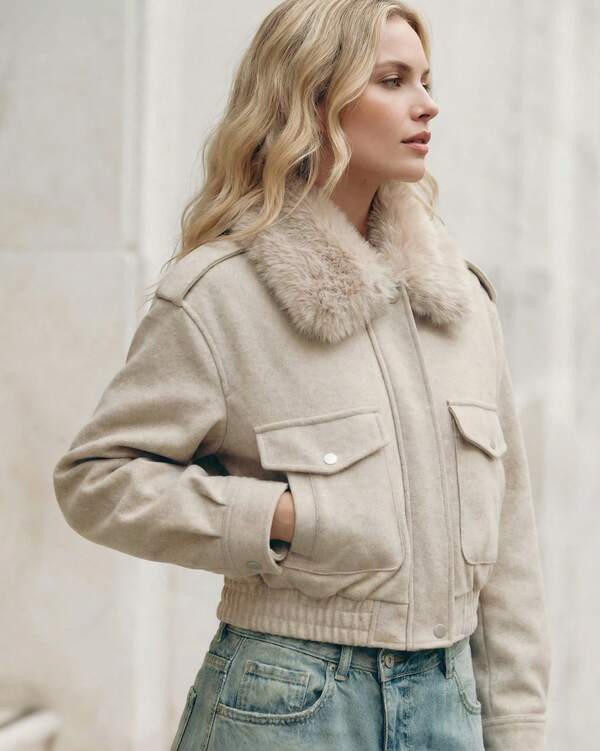 Zip Pocket Patchwork Faux Fur Collar Long Sleeve Fitted Wool Blend Women Jacket, Casual Chic Elegant, Suitable For Home, Daily, Outing, Party, Autumn/Winter, Spring, Valentine's Day