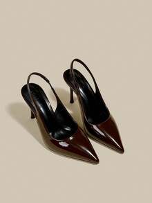 女士棕色漆皮尖头小猫跟浅口鞋，优雅正式时尚搭扣派对礼服鞋，后跟松紧带 - 咖啡棕 - 查看 6