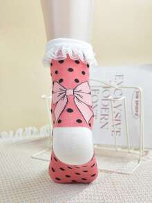 1 Pair Women's Pink Bow Polka Dot Pattern Lace Trim Cute & Versatile Mid-Calf Socks, New Arrival Spring/Summer - Pink - View 7