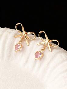 1 Pair Gold Bowknot Heart Pendant Earrings, Minimalist Pink Crystal Heart Pendant Earrings, Valentine's Day Bowknot Earring Jewelry, Gift For Girl, Wife, Girlfriend, Mother, Mother's Day - Bow Heart - View 4