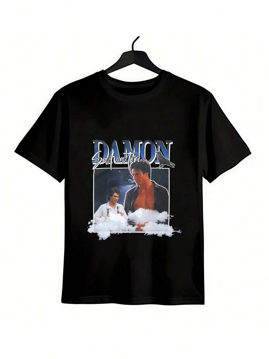 100% Cotton Black Damon Salvatore The Vampire Diar Retro TV Show Fandom Collage Short Sleeve Men's T-Shirt