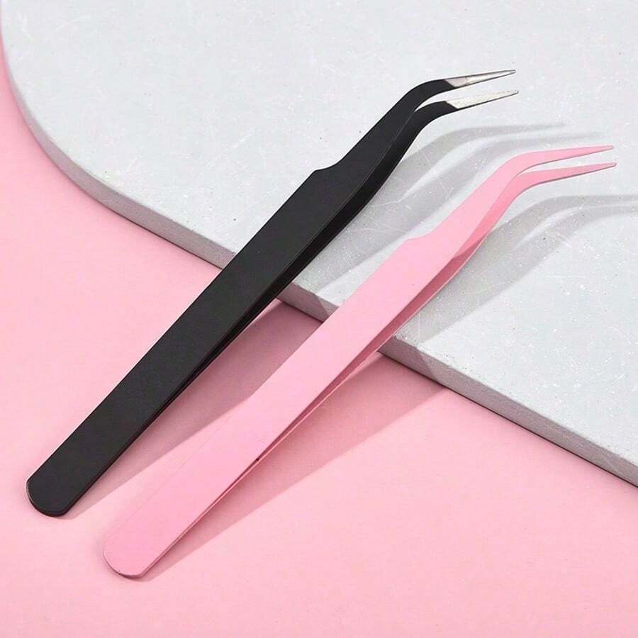 Angled Eyelash Extension Tweezers, Professional Lash Lift Tool With Curved Tip For Precision Application, Colorful Beauty Tweezers For DIY & Mascara, Ideal For Craft & Journaling - 淺粉色 - 查看 1