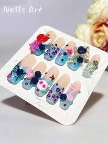 1 Piece Of Handmade Press-On Nail Art, Y2K Style, False Nails, Square Nails, Sweet Yet Cool Retro Nail Art, 3D Bow Rhinestone False Nails, Blue And Pink Glitter Leopard Print False Nails, Cute Nails, Valentine's Day Nail Art, High-End Quality, Reusable, Suitable For Women And Girls To Wear Daily Or On Holidays, And Also Makes A Gift. - Multicolor - View 2