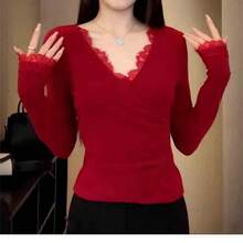 Women's Y2k Lace Trim Crop Tops Sexy Deep V Neck Long Sleeve Solid Color Slim Fit T-Shirts Blouses Going Out Tops For Spring Fall Aesthetic Clothes Streetwear - 紅色 - 查看 2