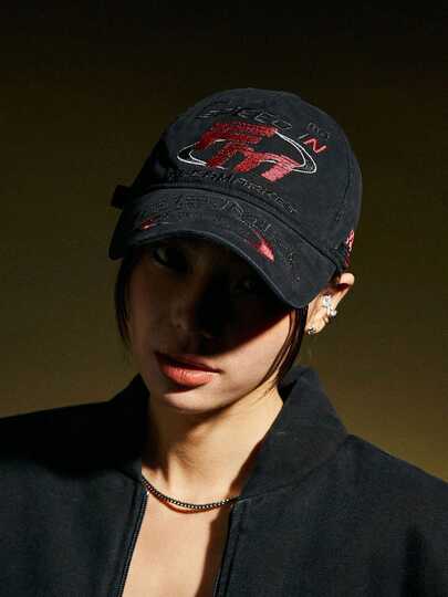 1顶复古美式字母刺绣按扣帽，男女通用高街赛车摩托车棒球帽，深帽檐，情侣款