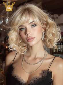 12英寸金色短卷发假发，带刘海，复古甜美风格，自然合成假发，适合女性日常、派对、婚礼和其他场合。 - 金色 - 查看 1