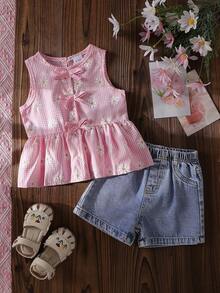 女婴及女婴甜美粉色条纹雏菊无袖上衣和浅蓝色牛仔短裤套装，粉色蝴蝶结 - 粉色 - 查看 2