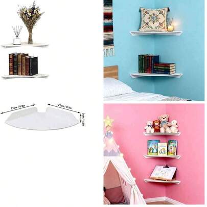 Estante Flotante de Esquina Acrílico, 21x21 cm, Color Blanco, con Orificios para Gestión de Cables, Ideal para Organizar Libros y Decoración en Oficina o Dormitorio