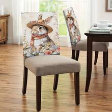 1pc/4pcs/6pcs/10pcs Easter Series Plush Chair Cover With Printed Image Of A Brown And White Rabbit Wearing A Floral Woven Hat And Patterned Scarf, Surrounded By Daisy, Rose And Other Flowers - Multicolor - View 2