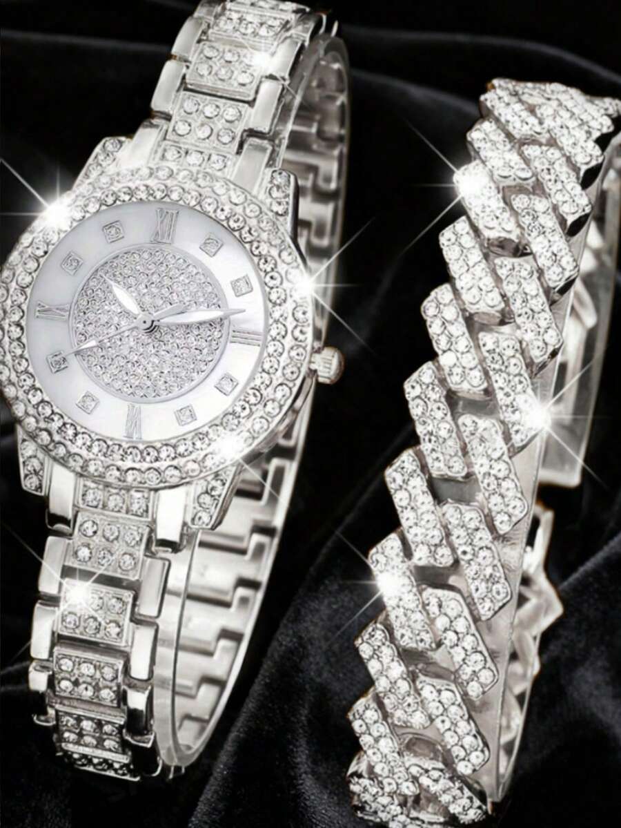 2PCS Luxury And Gorgeous Women's Quartz Watch Set, Women's Silver Jewelry Set (Including A Fully Rhinestone-Studded Silver Metal Strap Quartz Watch With Roman Numeral Dial And A Fully Rhinestone Silver Bracelet).