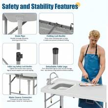 Huisuilinss Folding Fish Cleaning Table,Portable Camping Sink With Faucet,Drainage Hose & Sink,Outdoor Fold-In-Half Camping Kitchen Table  For Picnic Fishing - White - View 4