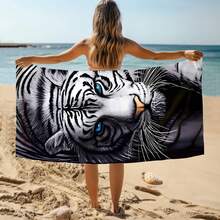1条动物白虎沙滩巾，超柔软超细纤维特大号沙滩毯，超强吸水浴巾，适合旅行、游泳池、潜水、冲浪、瑜伽、露营，多种尺寸可选，沙滩、泳池、旅行、露营、瑜伽用品