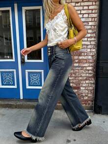 Jeans rectos de tiro bajo lavados para mujer, de corte holgado, casuales para ir al trabajo y uso diario, Día de San Valentín - Azul desgastado - Ver 3