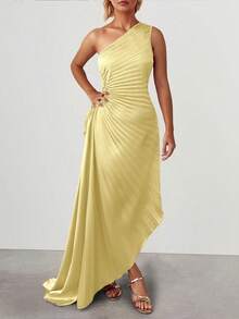 Vestido elegante de fiesta con escote asimétrico, volantes y pliegues en el bajo para mujer, para cócteles - Amarillo - Ver 5