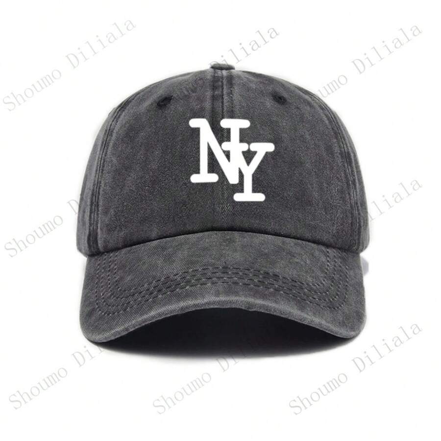 Women's Large Baseball Cap With NY Letters- Breathable Fabric, Adjustable Head Circumference, Six-Piece Structure Design With Curved Brim, Casual Sports Style, Suitable For Spring And Autumn Printed Urban Style(Hand Washable)- Ideal For New York F - Màu xám đen - Xem 1