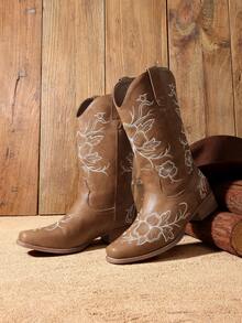 Women's Western Cowboy Embroidered Mid Calf Boots Square Toe  Chunky Low Heel For Country Music Festivals Theme Party And Concert All-Season Brown Boots - màu nâu - Xem 5