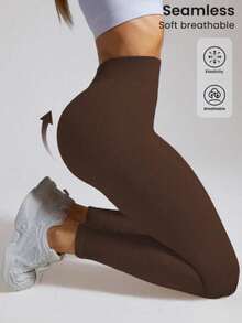 Set Of 3 Ribbed High-Waisted Leggings In High-Compression Polyamide - Pto/Cafe/Coral - View 3