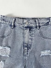 1pc Girls' Fashion Distressed Straight Leg Casual Jeans Pants - Light Wash - View 4