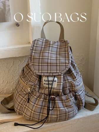 1pc Fashionable Plaid Multi-Pocket Nylon Casual Backpack, Waterproof Lightweight Foldable Drawstring Patch Letter Travel Bag