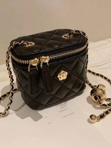 2026新款秘密花园山茶花菱形链条盒包，女士迷你单肩斜挎包，夏季必备 - 黑色 - 查看 4