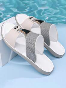 Men's Summer New Straw Textured Fabric Fashion Buckle Beach Sandals, Plus Size Casual Arabic Style Slippers - Beige - View 2