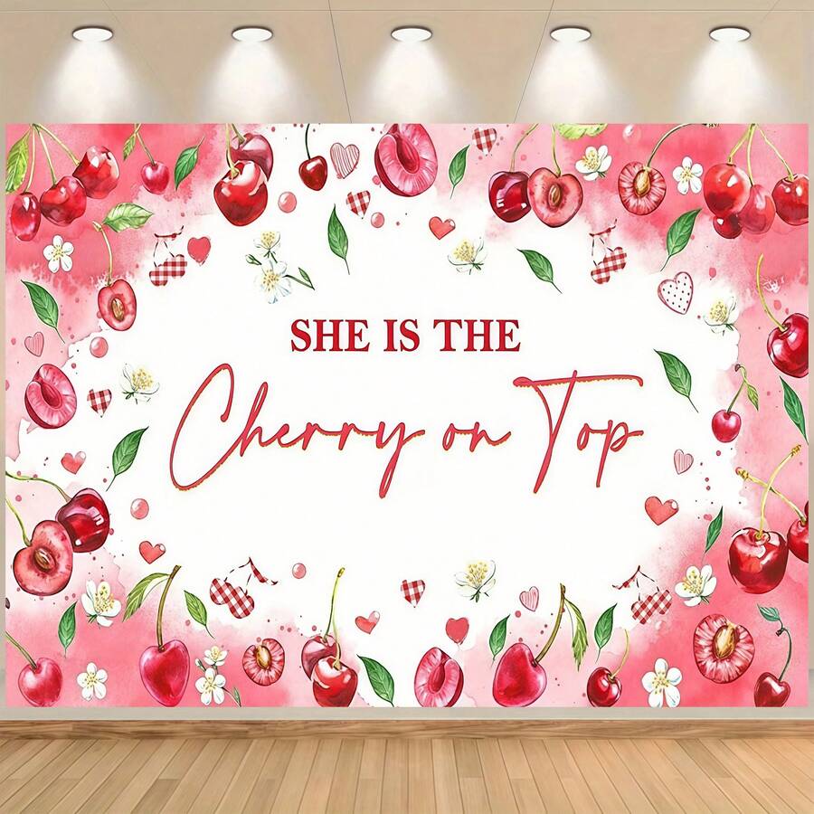 1 件粉色蝴蝶结樱桃主题派对背景横幅 - 印有“她是锦上添花”字样，适用于婴儿派对、生日庆祝、洗礼、新娘派对、拍照墙背景，完美礼物 - 彩色 - 查看 1