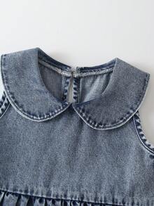 1件装 女童户外休闲日常可爱简约翻领蝴蝶结刺绣无袖牛仔背带裙 - 中等水洗藍 - 查看 3