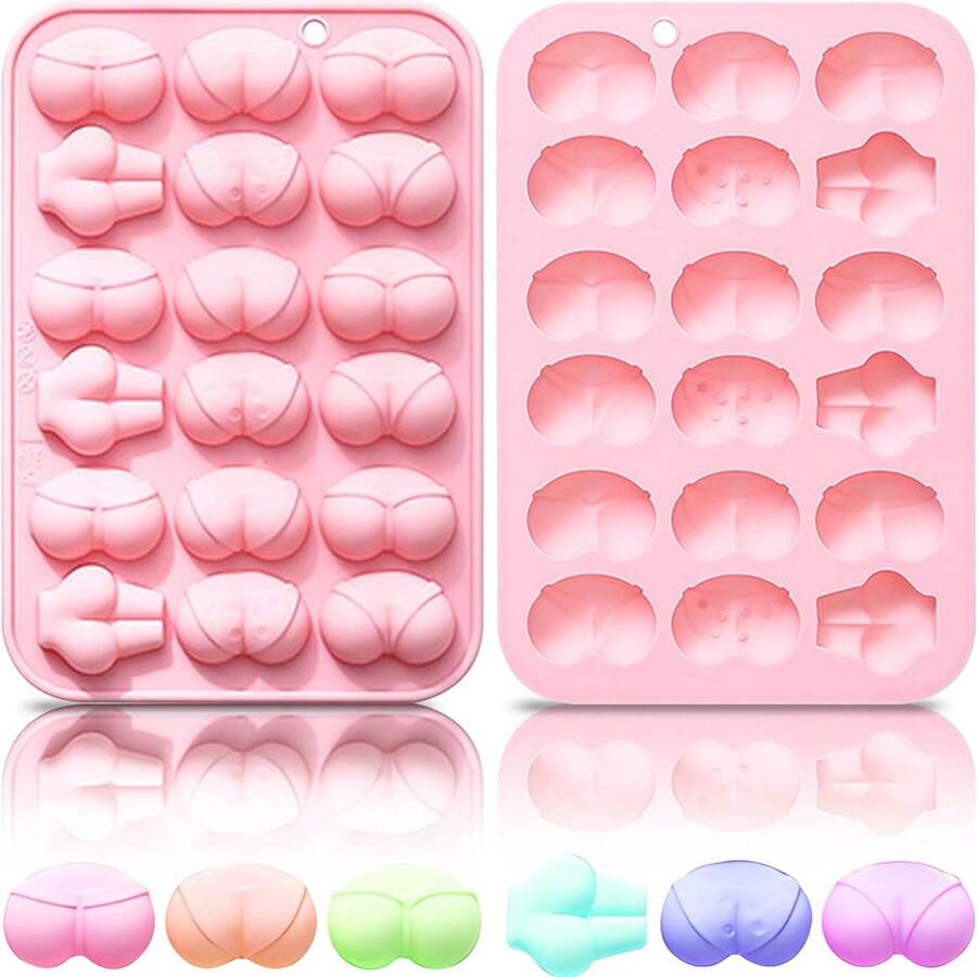 18-Cavity Silicone Butt Shaped Mold, 6 Designs, Non-Stick Baking Mold For Making Candies, Ice Cubes, Chocolates, Puddings, Pink - Multicolor - View 1