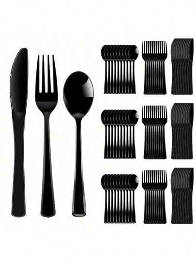 150/75/25/3 Pcs Black Dinnerware Set, Includes Cake/Pasta Utensils, Salad Forks/Dessert Spoons, Elegant Black Party Tableware, Easy To Clean And Reusable, Suitable For Weddings, Luncheons, Family Gatherings, Engagement Parties, BBQs, Dinners, Reunions, Birthdays, Holidays, Retirement Parties, Outdoor Picnics, Buffets, And Takeout! (Various Combination Options Available To Accommodate Different Guest Counts)