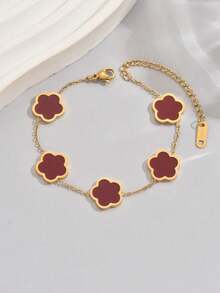 1pc Red Fashionable Classic Clover Design Bracelet Set Stainless Steel Penta Flower Design Bracelet For Women, 18k Gold-Plated Valentines - Đỏ - Xem 6