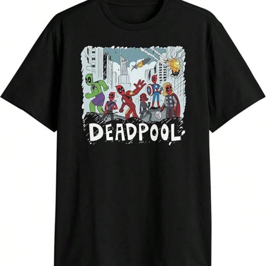 Deadpool Mens T-Shirt - Deadpool Is All The Avengers Cartoon Sketch Image - Black - View 1