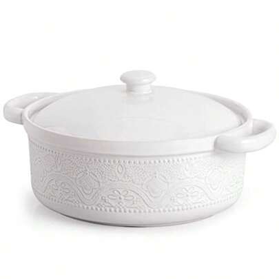 FUN ELEMENTS Casserole Dish 2 Quart Lace Em Dish With Lid Oven To Table Ceramic Round Serving Handles For Dinner And Party Thanksgiving Christmas Gifts Bright White