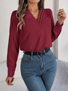 Women's Elegant Commuter Casual Solid Color V-Neck Long Sleeve Shirt, Spring/Summer - Burgundy - View 4