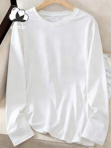Áo thun nữ dài tay cổ tròn màu trơn, 100% cotton, kiểu dáng thường ngày - Màu trắng, thích hợp cho mùa xuân/hè. - trắng - Xem 7