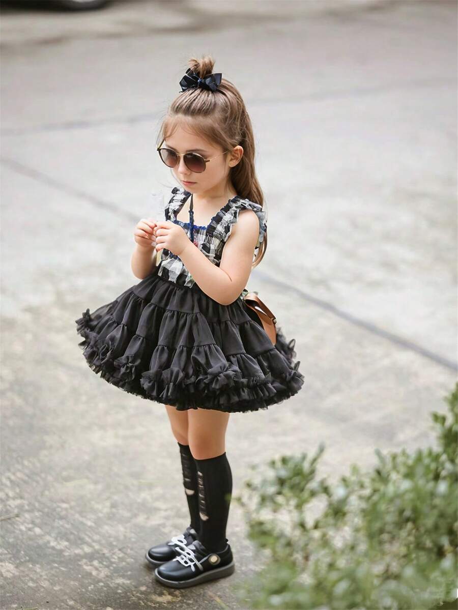 Girls' Princess Black Dress, Girls' Tutu Ballet Skirt, Cute Princess Dress, Girls' Ballet Tutu Dress, Shiny Birthday Party Dress, Girls Clothing, Children Apparel - Black - View 1