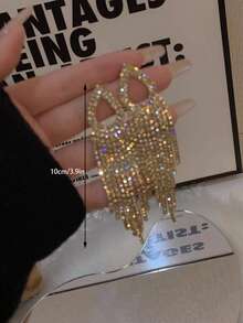 2pcs Elegant Rhinestone Tassel Earrings & Pendant Set, Luxury Copper Material, Suitable For Party, Gift, Ramadan - Gold - View 3