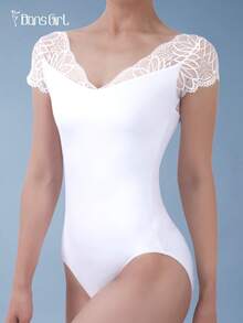 DonsGirl 1pc Women V-Neck Lace Short Sleeve Leotard, Ballet/Contemporary Dance/Classical Dance/Yoga/Gymnastics Jumpsuit - White - View 11