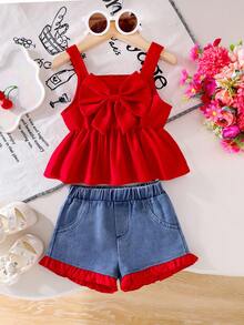2pcs Baby Girl Outfit: Bow Tie Waist Button Back Camisole Top And Contrast Color Ruffle Trim Denim Shorts Set - Red - View 3