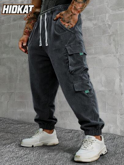 Hidkat Men's Corduroy Cargo Jogger Pants, Multi-Pocket Casual Street Style