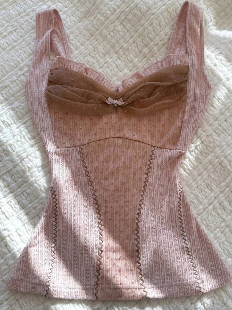 Women Fairy Grunge Tank Tops Vintage Aesthetic Lace Trim Ruched Camisole Shirt Y2K Slim Fit Knit Ribbed Coquette Clothes Streetwear - 棕色 - 查看 1