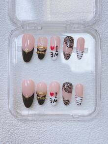 10片装Y2K风格别致杏仁形美甲贴片套装 - 手工制作，粉色美甲贴片，黑色美甲贴片，黑色法式美甲贴片，手工3D金戒指和3D水钻戒指，手绘黑色花朵和斑马纹设计，精致优雅美甲用品 - 彩色 - 查看 3