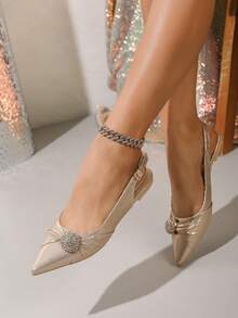 新款时尚女士尖头水晶装饰玛丽珍休闲平底鞋，无后跟凉鞋 - 金色 - 查看 2