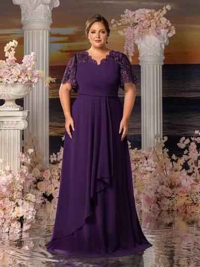 Faeriesty Plus Size Women's Elegant Plum Purple Lightweight Chiffon Formal Dress - V-Neck Short Lace Sleeves Dress With Sequin Decor, High Waist Asymmetric Ruffle Hem Floor Length Gown | Suitable For Wedding Guests, Parties, Formal Gatherings, Galas, Valentine's Day